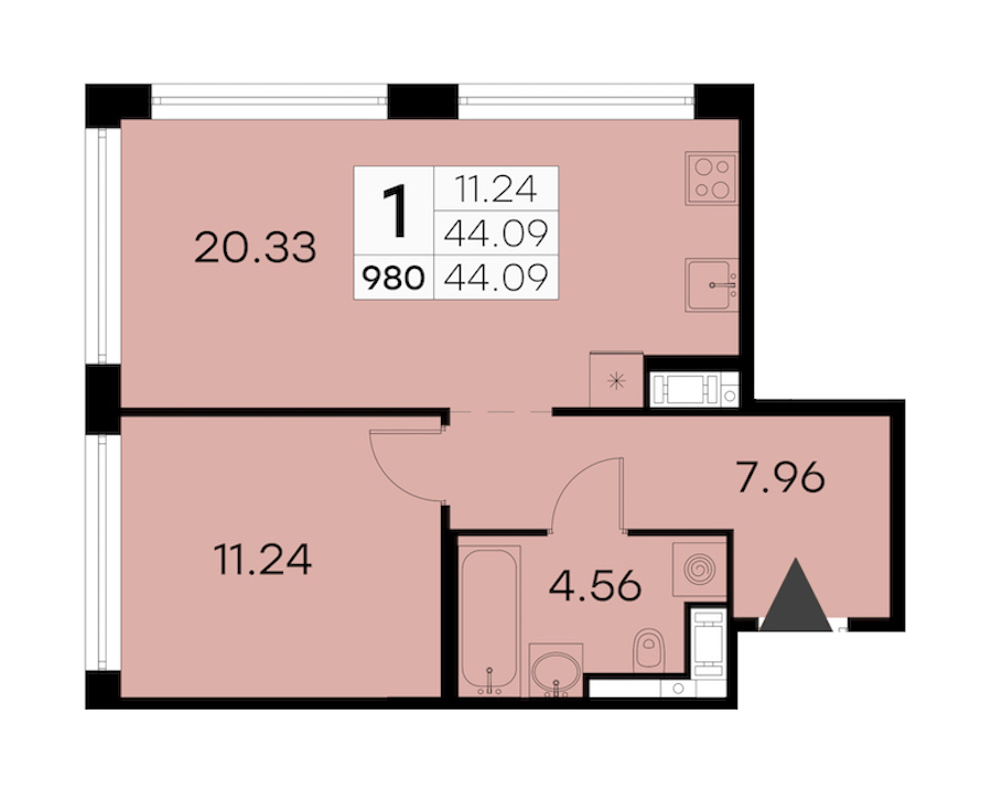 1-комнатная квартира 44.09 м², 17/19 эт., ЖК «GloraX Aura Vasileostrovsky»